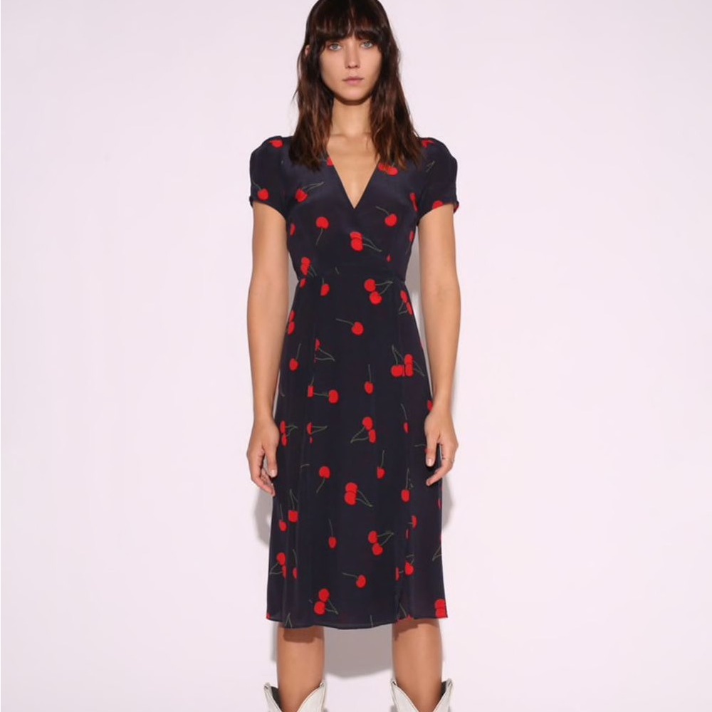 Realisation Par Navy Silk Printed Red Cherry Wrap Dress